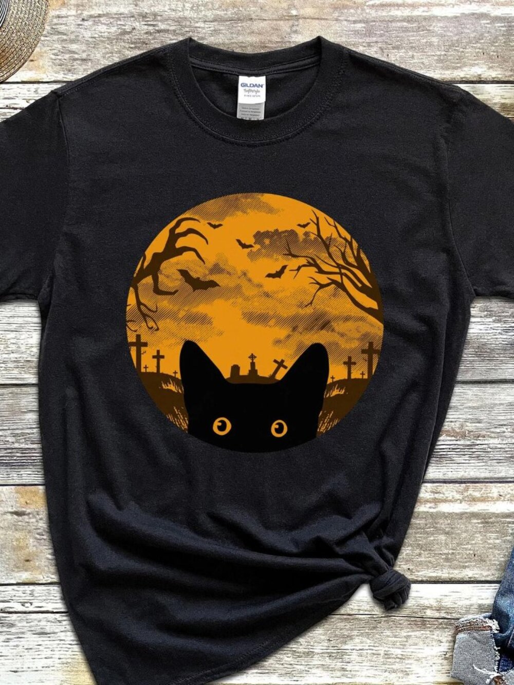 Peeking Cat On Halloween Night T-Shirt Spooky Season Cat Tee